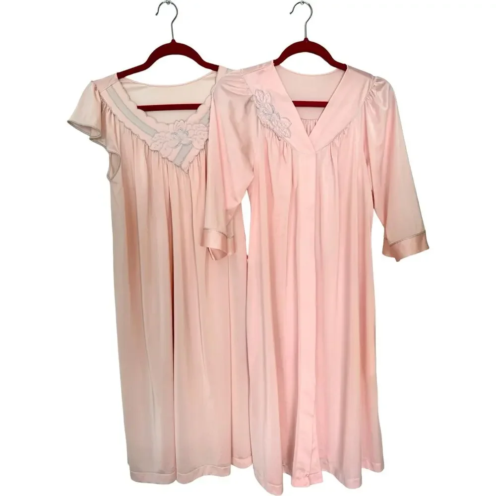 Vintage Shadowline Peignoir Set Small Pink Nylon Floral Appliqué Nightgown Robe